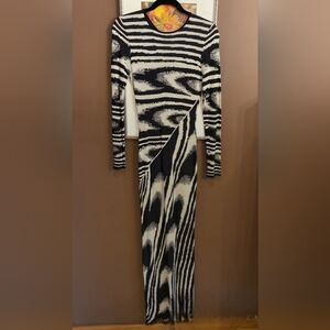 73. Long Sleeve Black and White Abstract Maxi Dress